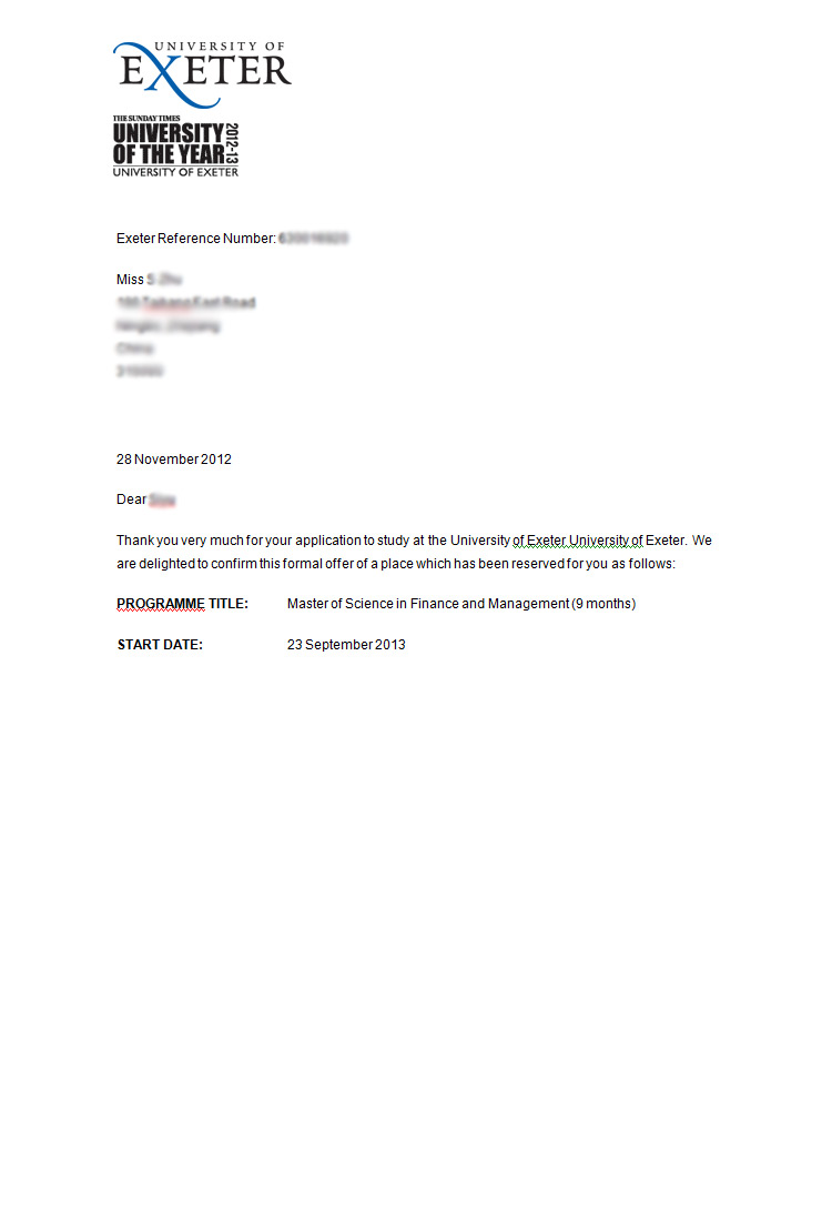 恭喜這位同學被?？巳卮髮W金融和管理專業錄取-優越教育