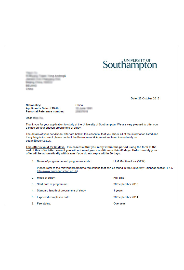 恭喜這位同學成功拿到南安普頓大學海商法專業錄取通知書-優越教育