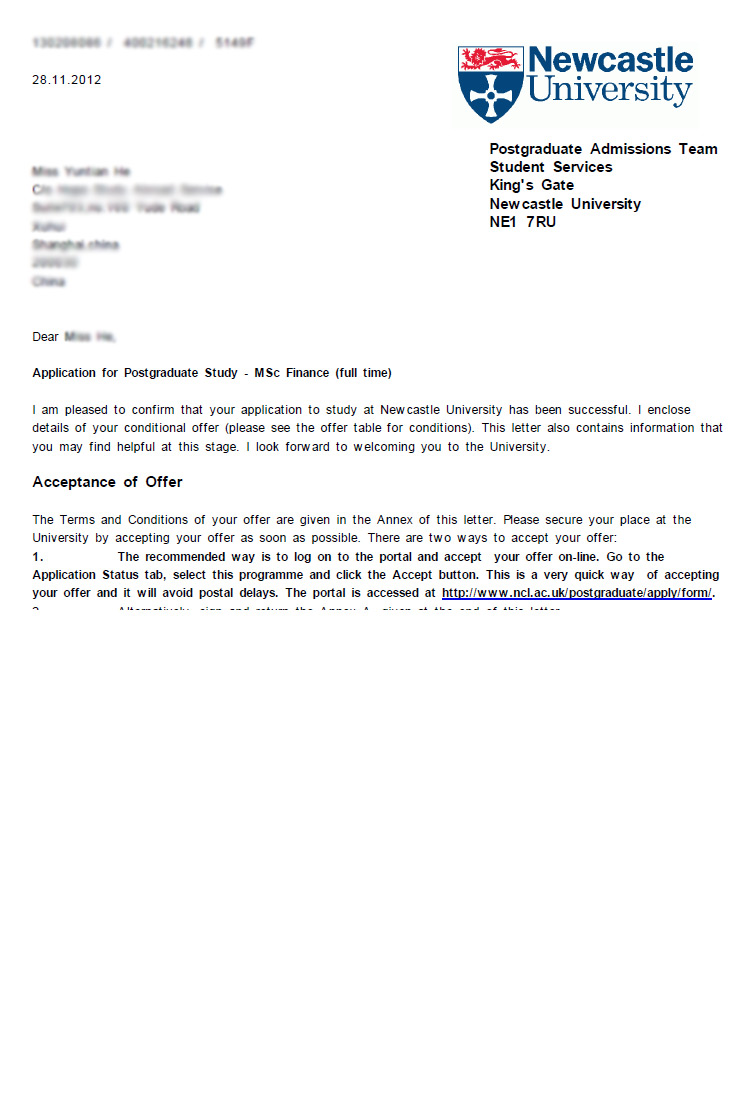 恭喜這位同學成功被紐卡斯爾大學金融專業錄取-優越教育