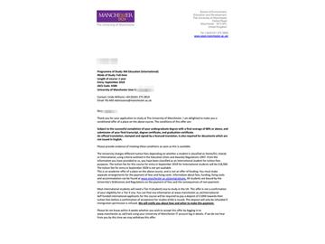 2019offer：恭喜吳同學獲得曼徹斯特大學（世界排名：29）國際關系專業碩士通知書