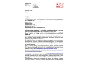 2019offer：恭喜朱同學獲得倫敦大學國王學院（世界排名：31）銀行與金融專業碩士通知書