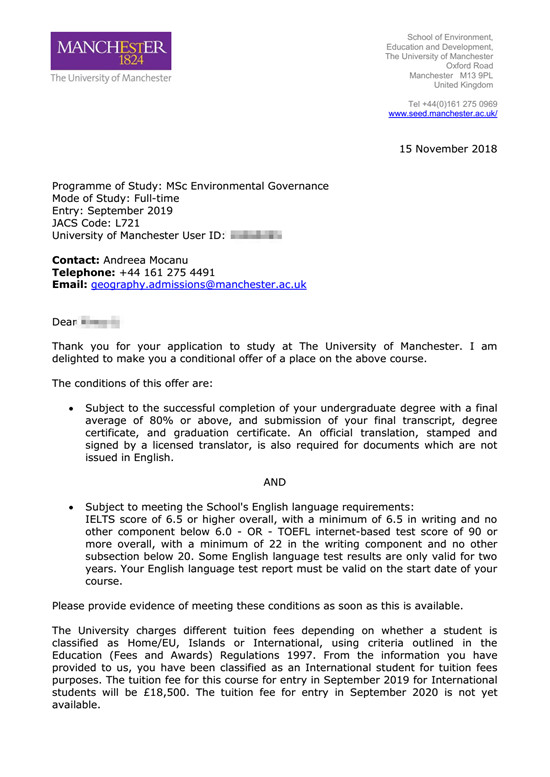 2019offer：恭喜林同學獲得曼徹斯特大學（世界排名：29）社會學專業碩士通知書