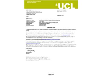 2019offer：恭喜王同學獲得倫敦大學學院經濟、國家與社會經濟商務專業碩士通知書