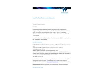 2019offer：恭喜吳同學獲得華威大學會計與金融專業碩士通知書