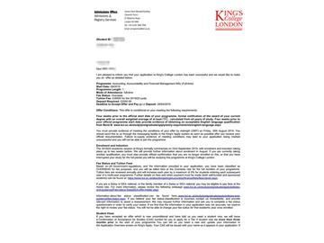 2019offer：恭喜吳同學獲得倫敦大學國王學院（世界排名：31）會計、問責與財務管理專業碩士通知書