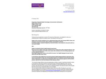 2019offer：恭喜吳同學獲得曼徹斯特大學（世界排名：29）數字技術、通信與教育專業碩士通知書