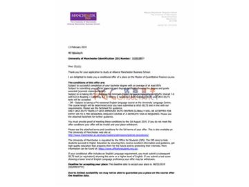 2019offer：恭喜孫同學獲得曼徹斯特大學（世界排名：29）計量金融專業碩士通知書。