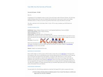 2019offer：恭喜丁同學獲得華威大學（世界排名：54）高分子化學專業碩士通知書