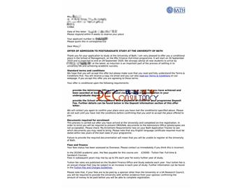 2019offer：恭喜張同學獲得巴斯大學（世界排名：158）金融專業碩士通知書