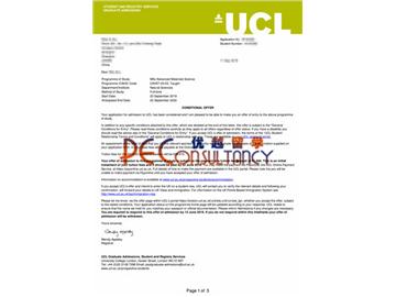2019offer：恭喜張同學獲得倫敦大學學院(世界排名：10)高級材料科學專業碩士通知書